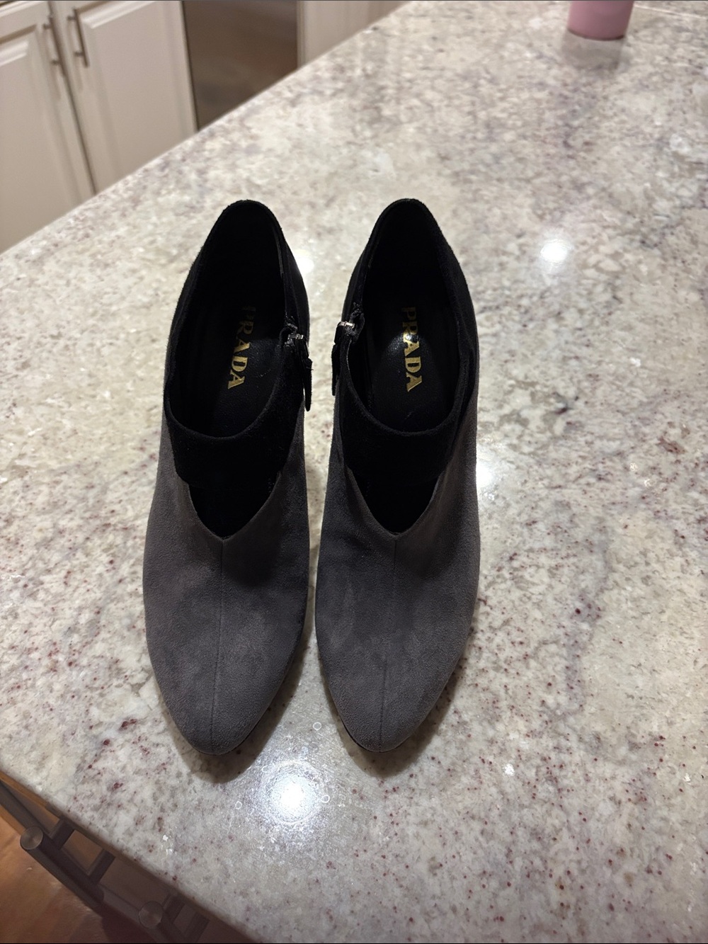 Prada Gray Suede Pointed Heeled Boots with Black Cuff